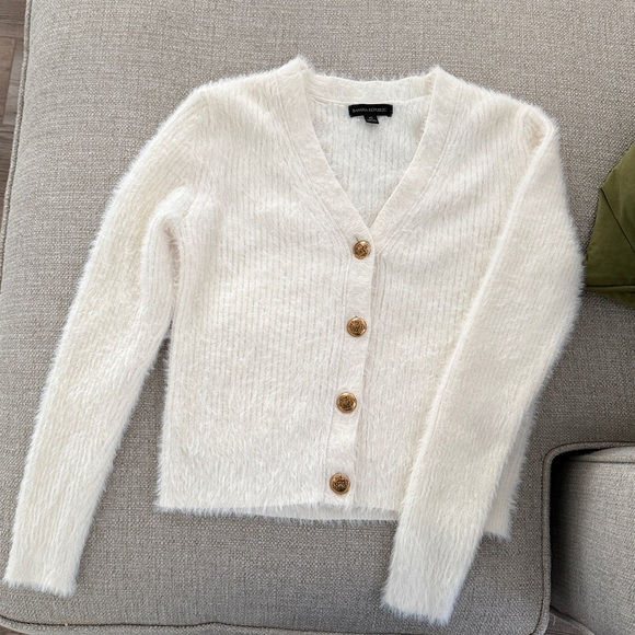 Banana Republic Sweaters - Banana Republic Cream Fuzzy Cardigan with Distressed Gold Buttons, X-Small